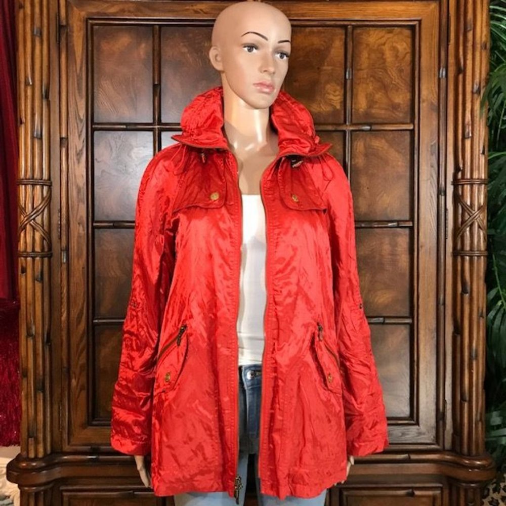 Jones New York Nectarine Crinkle Sheen Roll Tab Anorak Removable Hood Jacket